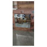 Tiger oak wood carved lions head mirror with hat