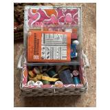 Embroidery accessories basket and contents,