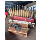 Woodworking tools, folding ruler, rivets, and