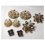 4 pair gold tone Amber rhinestone beaded  clip on