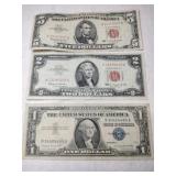 1957 blue seal $1 1963 red seal $2 1963 red seal