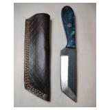 Green/ blue Damascus  Camp Tanto steel knife w/