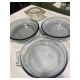 3 Pyrex blue tint Flame-ware dishes and 1 small