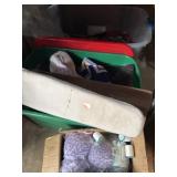 Totes of fabric remnants and yarn, small iron