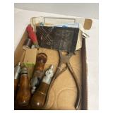 Leather punch, vintage awls, and sewing items