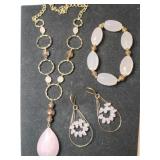 pink and gold tone necklace bracelet earrings