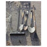 Shovels , spade , rake , pruners,  push broom