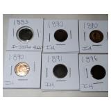 6 Indian Head pennies 1883 1890 1891 1896