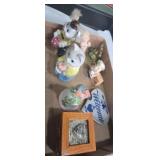 Wooden decorative box,  small porcelain figurines