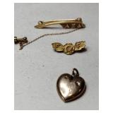 Goldfilled pins and heart pendant unmarked