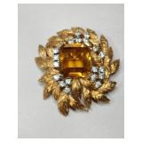 Gold tone Amber clearstone unmarked brooch