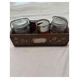 Hand painted old cheese box with mason jar of