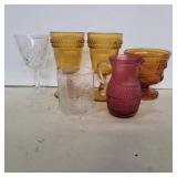 2 amber LG Wright goblets, 1 crystal wine