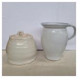 Hand made stone ware pitcher 8.5in and canister