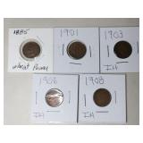 5  Indian Head pennies mixed years