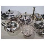 Silver plate butter dishes, soap dish, serving