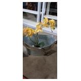 Hammed style metal bucket with fake orchid
