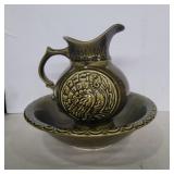 Mccoy green turkey pitcher and bowl set 10in tall