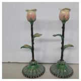 Two's company rose enameled candle holders 9in