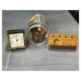Jar with unsearched Pennies, Seth Thomas alarm