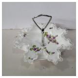 Hand painted Fenton ruffled white glass dish with