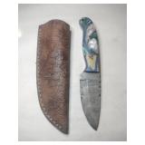 Handmade fixed blade Damascus knife w/ sheath 3.5