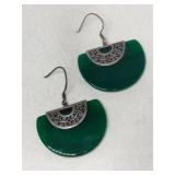 Silver green half Moon stone dangle earrings