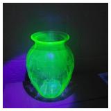 Uv green depression glass vase 8in tall