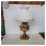 Hobnail white glass shade with brass lamp 19in