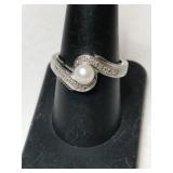 Silver Pearl ring marked 925 size 8   .120oz