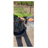 Plastic decorative owl, and garden plant pots