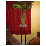 Marble & wood pedestal with basket of tropical