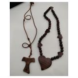 Hand carved wooden necklaces heart and 'T'