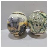 2 decoupage ostrich eggs African motifs 6in