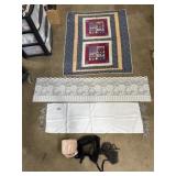 35 x 43' quilt throw, table runners, bonnet, net