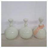 3 white glass decanters 8.5in tall