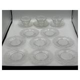 Fostoria 'Chintz' etched salad plates, 3 teacups,