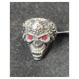 Silvertone Skull red eyes man's ring size 12