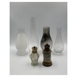 2 small oil lamp bases 5' & 4 larger chimneys,