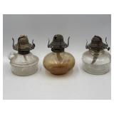 3 glass oil lamp bases White Flame, & Queen Anne