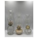 3 glass oil lamps with ribbed edge chimneys,
