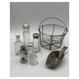 Glass bottles, jars, wire egg basket, & metal