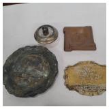 Lighter, ashtrays, and Atwater brass plate