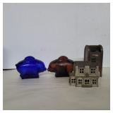 2 glass pig banks, metal mailbox bank and metal