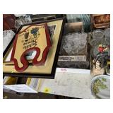 Art glass, clear depression glass, framed