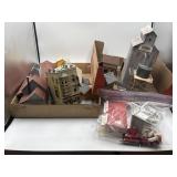 Various model railroad buildings, bridge end