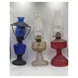 3 glass oil lamps, blue, red, clear, 16' 18' &