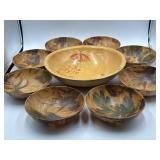Munising wooden bowl & 8 vintage fiberglass salad