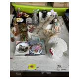 Porcelain turkey, glass trinket boxes, Holy Water