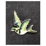 Silver black and green bird brooch marked